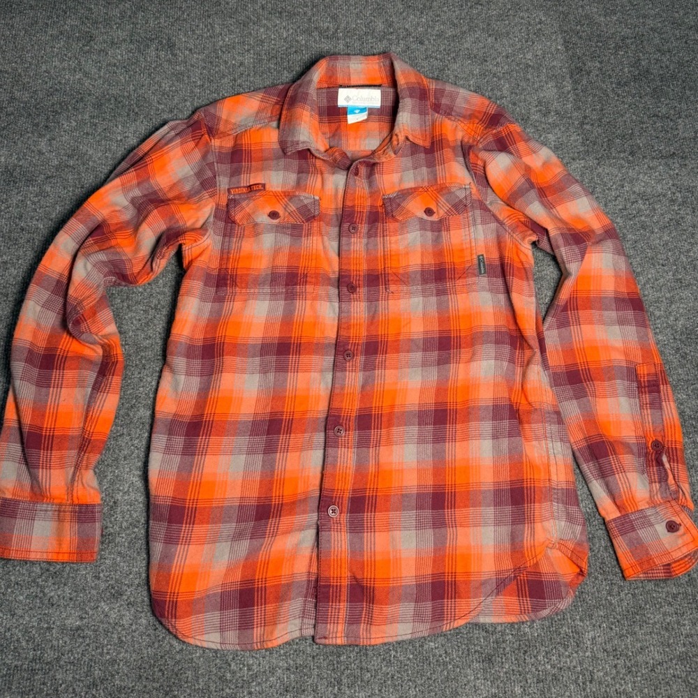 Virginia Tech Columbia Flannel Button Down Mens Small Orange Plaid